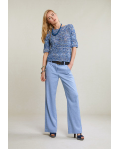 Blue cotton-linen straight pants