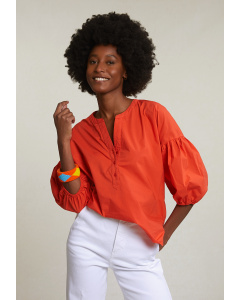 Oranje effen V-hals blouse 3/4 pofmouwen