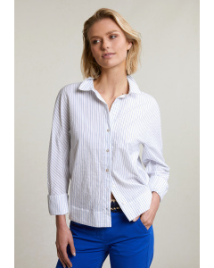 Blauw/wit geknoopte gestreepte blouse