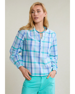 Blue/green checked V-neck blouse