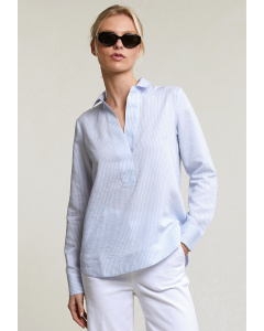 Blue/white striped V-neck blouse