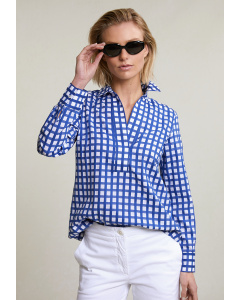 Blue/white checked V-neck blouse