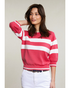 Fuchsia/white striped crew neck sweater 3/4 sleeves