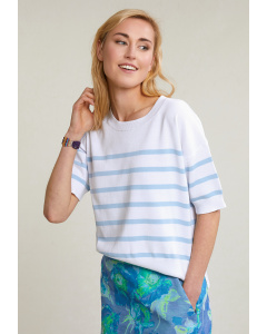 White/ice blue striped sweater short sleeves