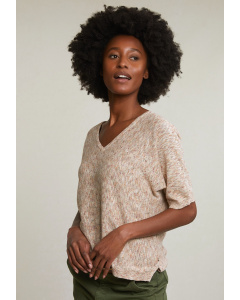 Beige cotton-linen sweater short sleeves