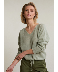 Olive green alpaca-virgin wool V-neck sweater