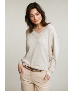 Pull V coton-lin manches longues beige