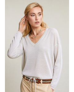 Pull V lurex manches longues beige