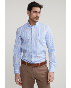 Slim fit gestreept hemd met zak blauw/wit