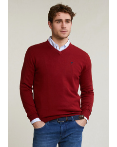 Normal fit basic bamboo-cotton V-neck pullover red maple