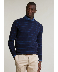 Custom fit striped cotton crew neck sweater navy mix