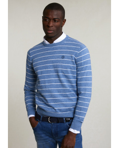 Custom fit striped cotton crew neck sweater lake mix