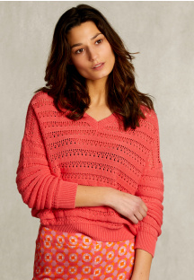Pink ajour V-neck sweater