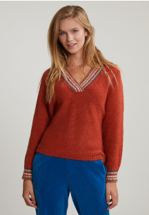 Orange sweater striped V-neck