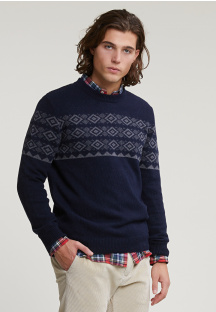 Custom fit woolen crew neck sweater navy/mid grey mix