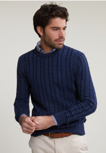 Custom fit wool-cachmere cable sweater oriental blue mix